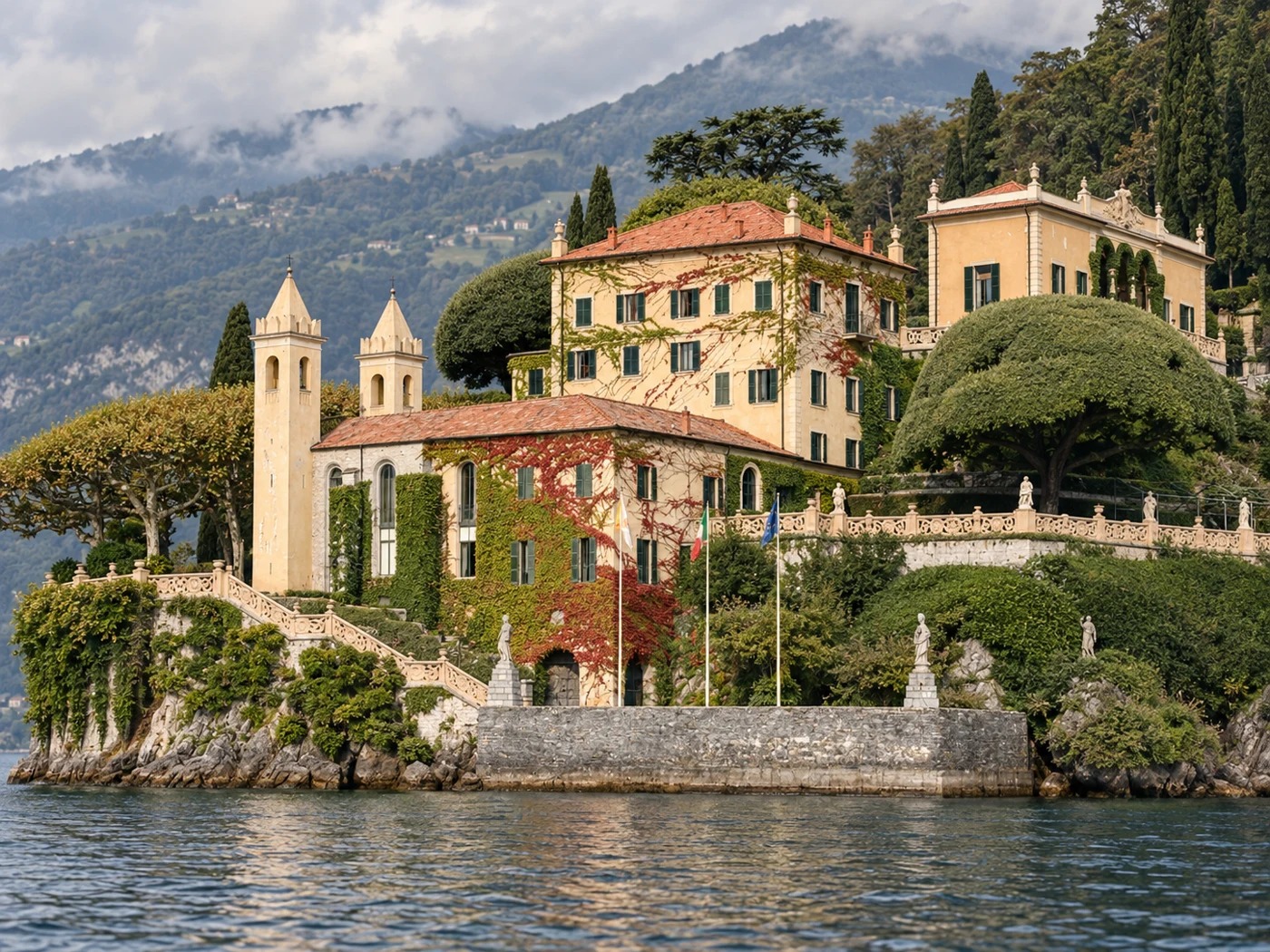 Внешний вид Villa del Balbianello — художественная визуализация по реальной архитектуре